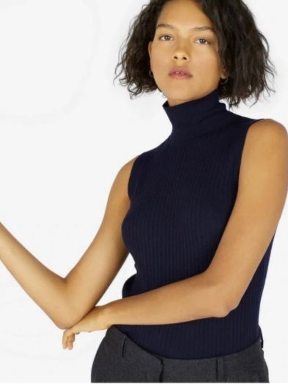 Everlane Lux Wool Ribbed Sleeveless Turtleneck Sweater, Navy (S)